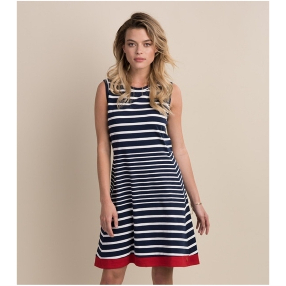 Hatley Womens Navy Blue White Striped Sleeveless Shift Dress Red Hem XL